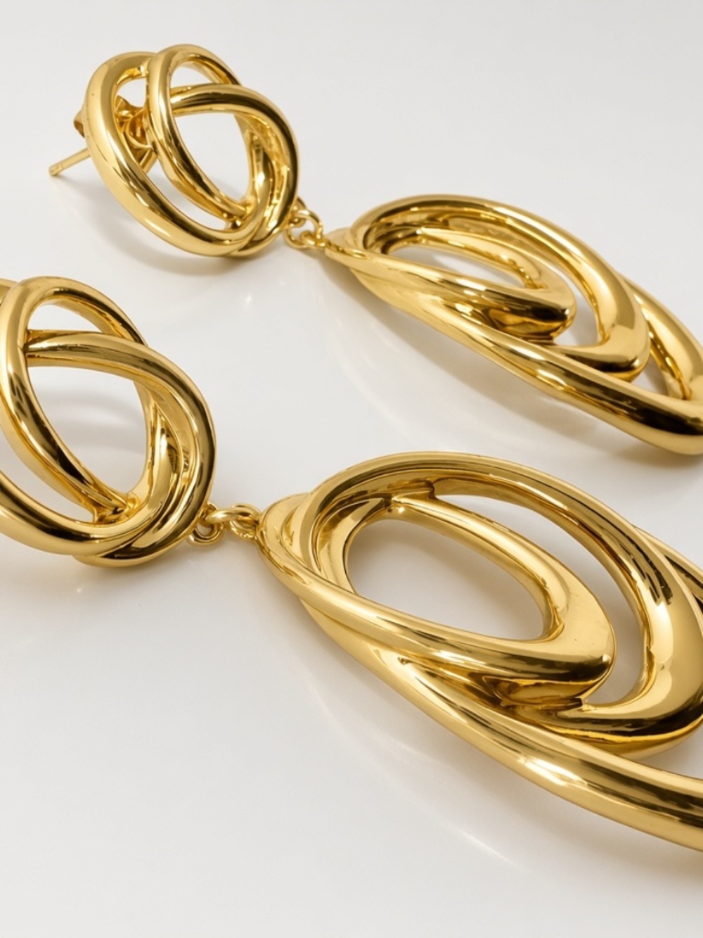 Gold Tone Interlocking Oval Drop Earrings – Modern Statement Dangles - Picture 3 of 5